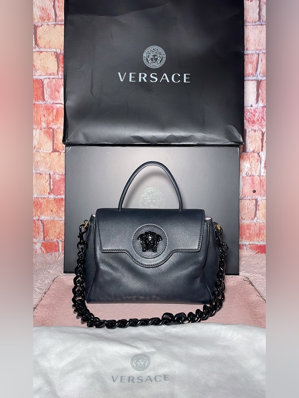 Versace Black Leather Satchel with Medusa Emblem and Chain Strap